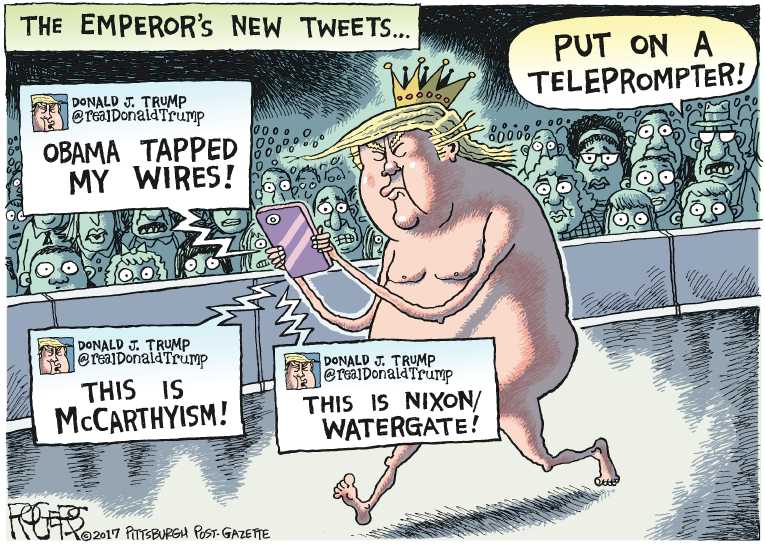 Political/Editorial Cartoon by Rob Rogers, The Pittsburgh Post-Gazette on Obama Bugged Towers, Trump Charges