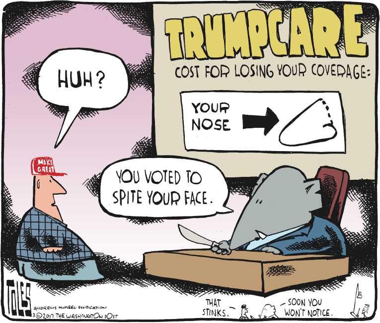 Political/Editorial Cartoon by Tom Toles, Washington Post on Health Plan Details Revealed