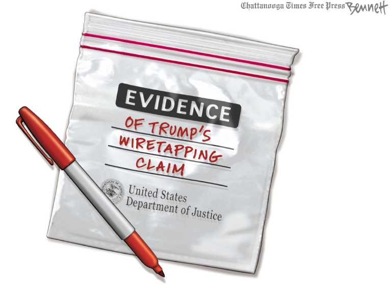 Political/Editorial Cartoon by Clay Bennett, Chattanooga Times Free Press on Wiretapping Charges Escalate