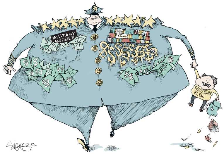 Political/Editorial Cartoon by Signe Wilkinson, Philadelphia Daily News on Miltary Spending to Soar