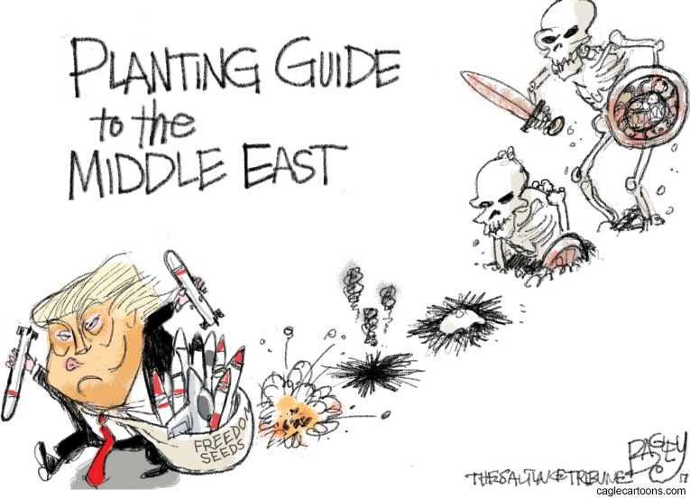Political/Editorial Cartoon by Pat Bagley, Salt Lake Tribune on Trump Bombs Syria