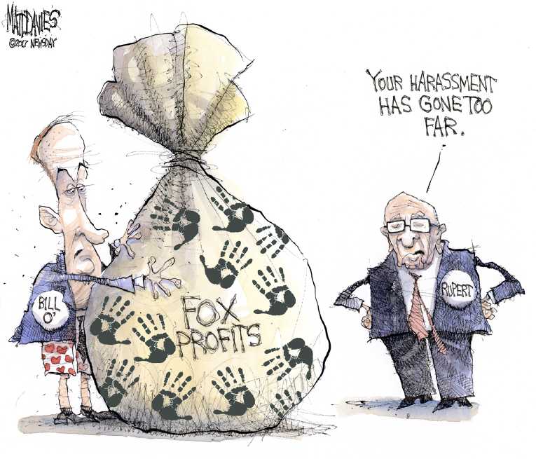 Political/Editorial Cartoon by Matt Davies, Journal News on Bill O’Reilly Fired