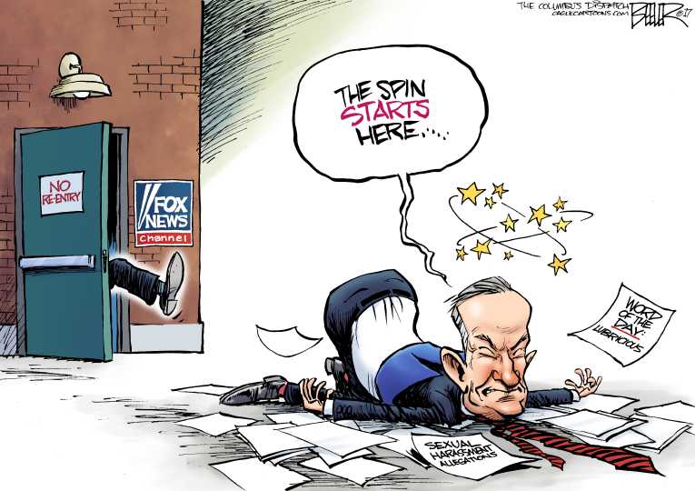 Political/Editorial Cartoon by Nate Beeler, Washington Examiner on Bill O’Reilly Fired