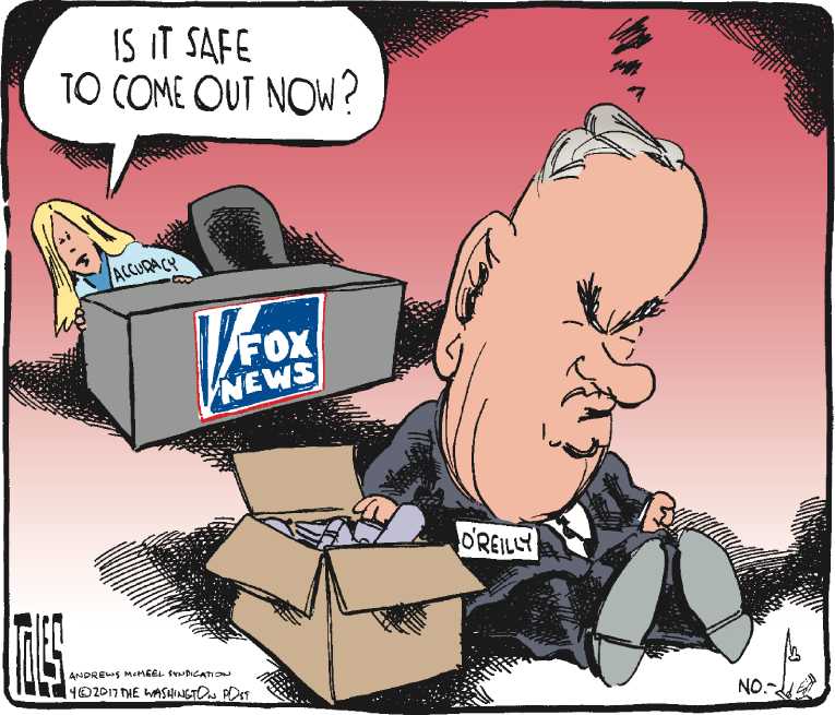 Political/Editorial Cartoon by Tom Toles, Washington Post on Bill O’Reilly Fired