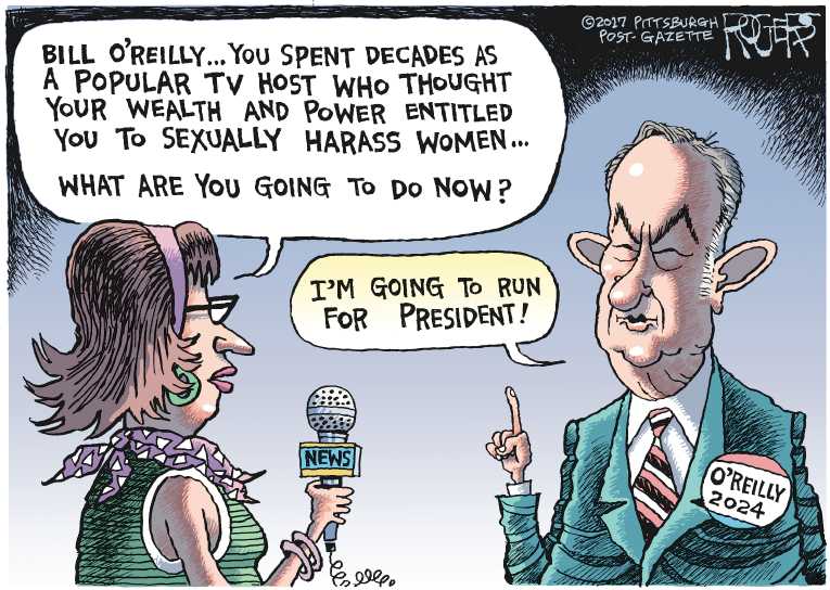 Political/Editorial Cartoon by Rob Rogers, The Pittsburgh Post-Gazette on Bill O’Reilly Fired
