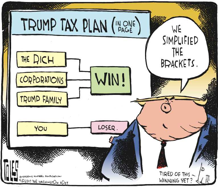 Political/Editorial Cartoon by Tom Toles, Washington Post on President Lauds Tax Plan