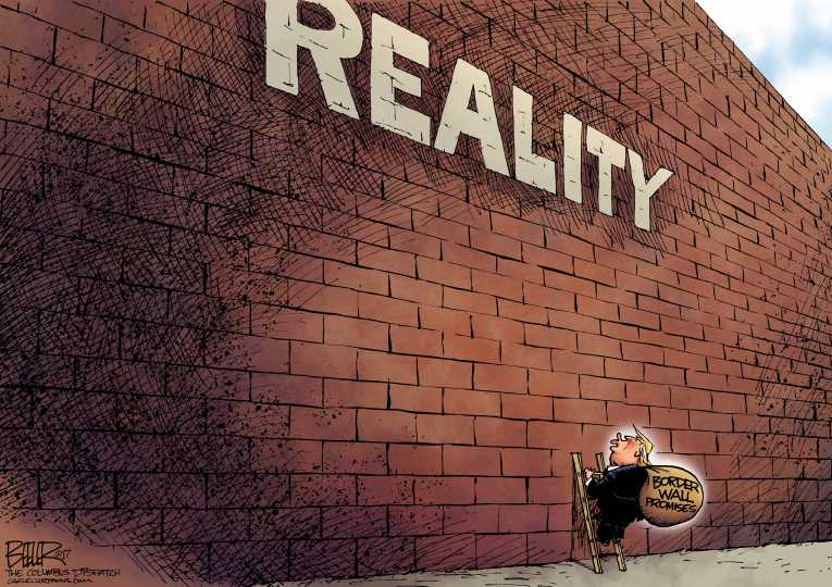 Political/Editorial Cartoon by Nate Beeler, Washington Examiner on Trump Sizes Up Wall