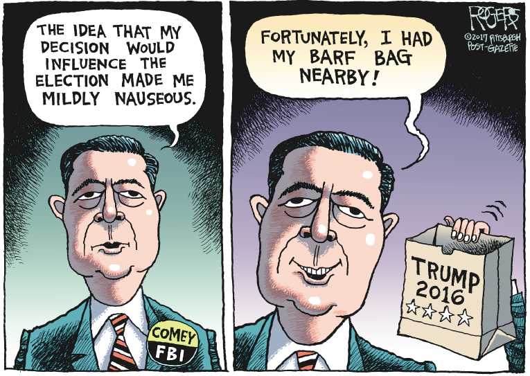 Political/Editorial Cartoon by Rob Rogers, The Pittsburgh Post-Gazette on Trump Fires Comey