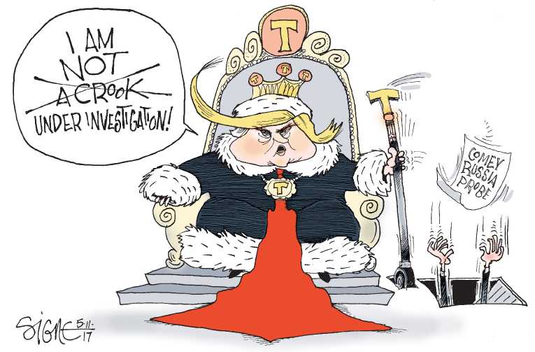 Political/Editorial Cartoon by Signe Wilkinson, Philadelphia Daily News on Trump Fires Comey