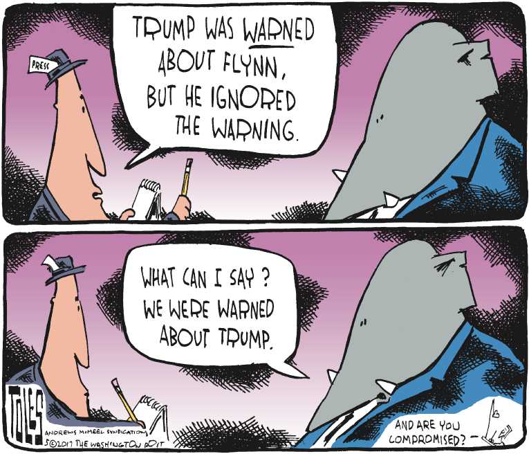 Political/Editorial Cartoon by Tom Toles, Washington Post on Flynn Subpoenaed