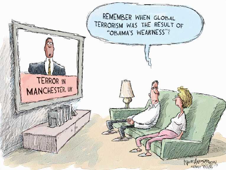 Political/Editorial Cartoon by Nick Anderson, Houston Chronicle on Terror Strikes Manchester