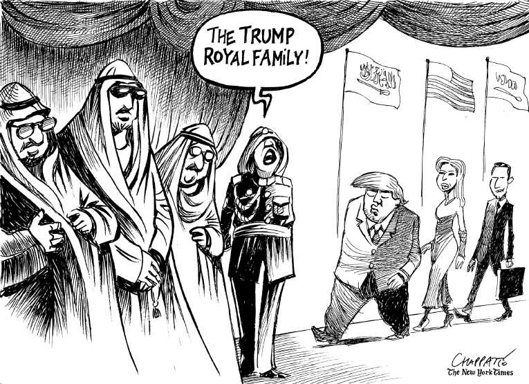 Political/Editorial Cartoon by Patrick Chappatte, International Herald Tribune on Trump Returns From Trip
