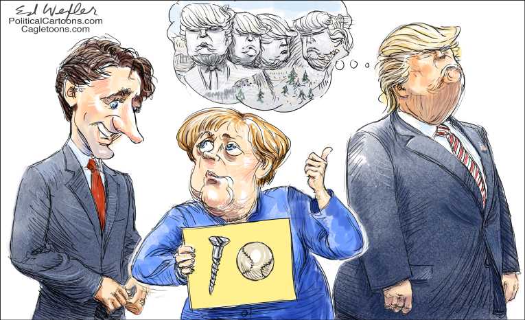 Political/Editorial Cartoon by Ed Wexler, PoliticalCartoons.com on Trump Returns From Trip