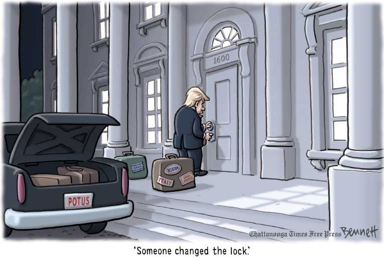 Political/Editorial Cartoon by Clay Bennett, Chattanooga Times Free Press on Trump Returns From Trip