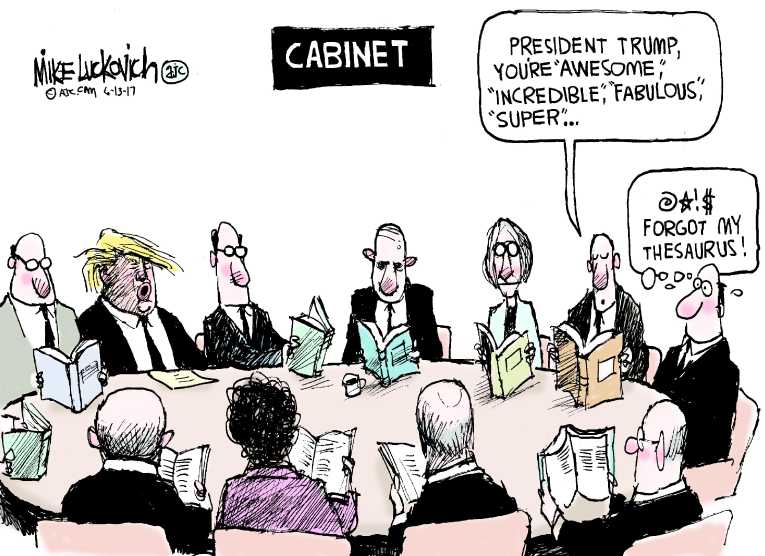 Political/Editorial Cartoon by Mike Luckovich, Atlanta Journal-Constitution on Cabinet Salutes Trump