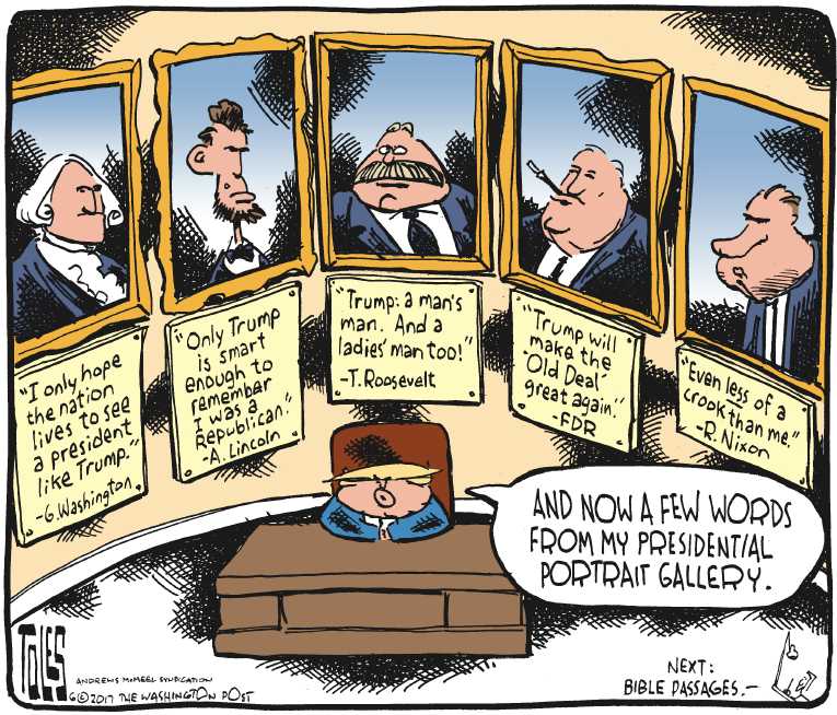 Political/Editorial Cartoon by Tom Toles, Washington Post on Cabinet Salutes Trump