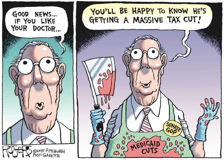 Political/Editorial Cartoon by Rob Rogers, The Pittsburgh Post-Gazette on Senate GOP Health Bill Revealed