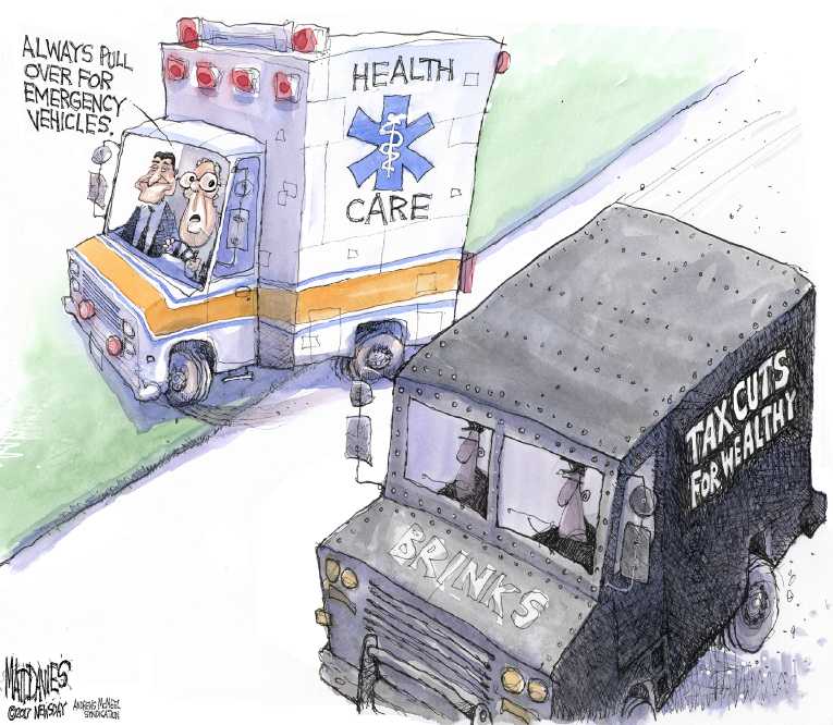 Political/Editorial Cartoon by Matt Davies, Journal News on Health Plan Secret