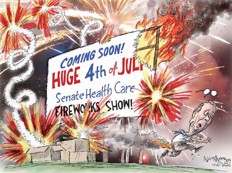 Political/Editorial Cartoon by Nick Anderson, Houston Chronicle on Senate Health Bill Shelved