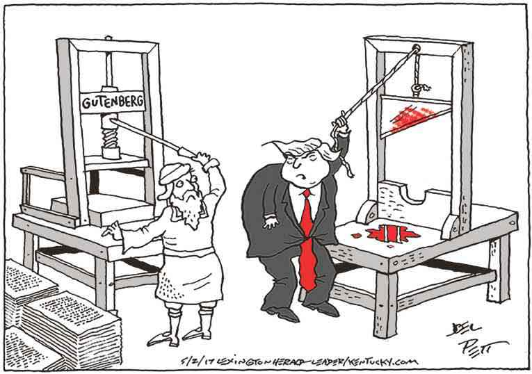 Political/Editorial Cartoon by Joel Pett, Lexington Herald-Leader, CWS/CartoonArts Intl. on Trump Attacks Press
