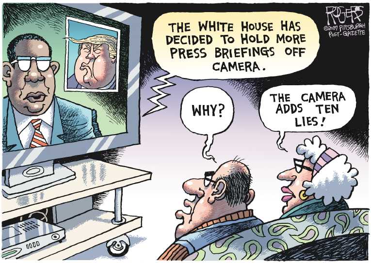 Political/Editorial Cartoon by Rob Rogers, The Pittsburgh Post-Gazette on Trump Attacks Press