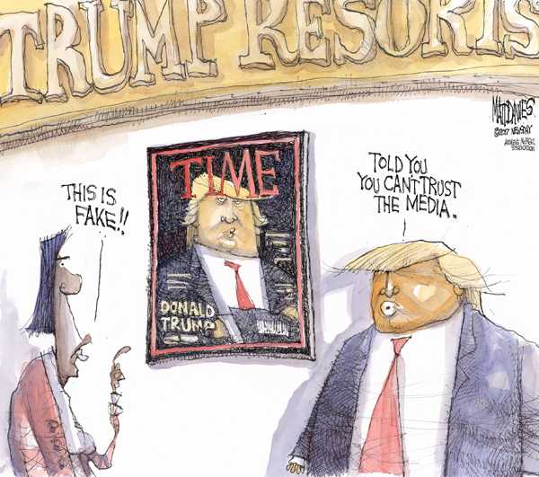 Political/Editorial Cartoon by Matt Davies, Journal News on Trump Graces Fake “Time” Cover