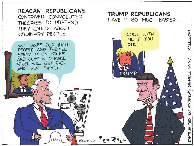 Political/Editorial Cartoon by Ted Rall on Trump Delivering on Promises