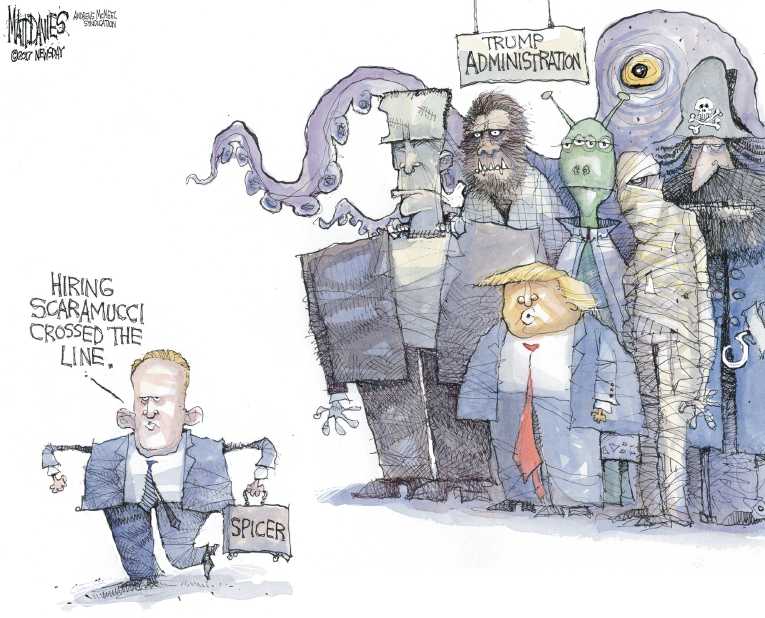 Political/Editorial Cartoon by Matt Davies, Journal News on Sean Spicer Resigns