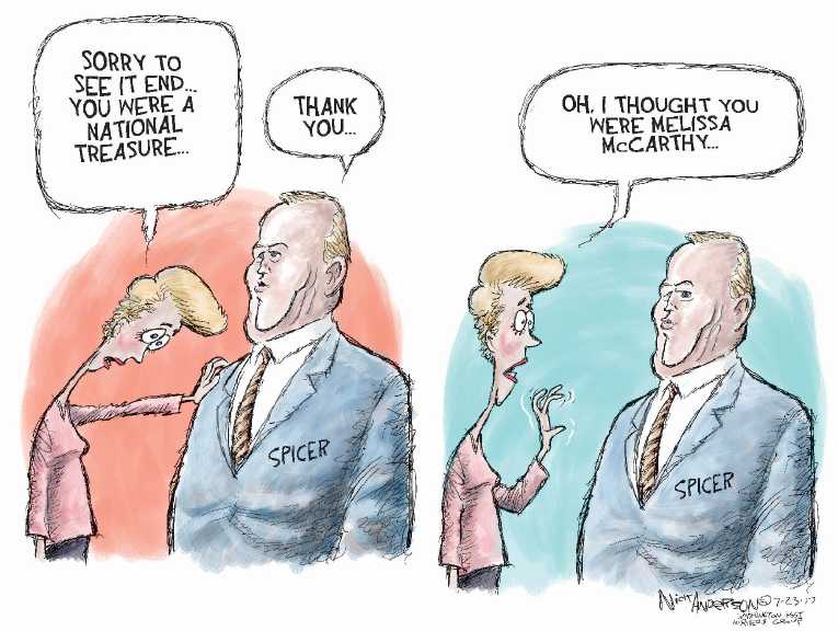Political/Editorial Cartoon by Nick Anderson, Houston Chronicle on Sean Spicer Resigns