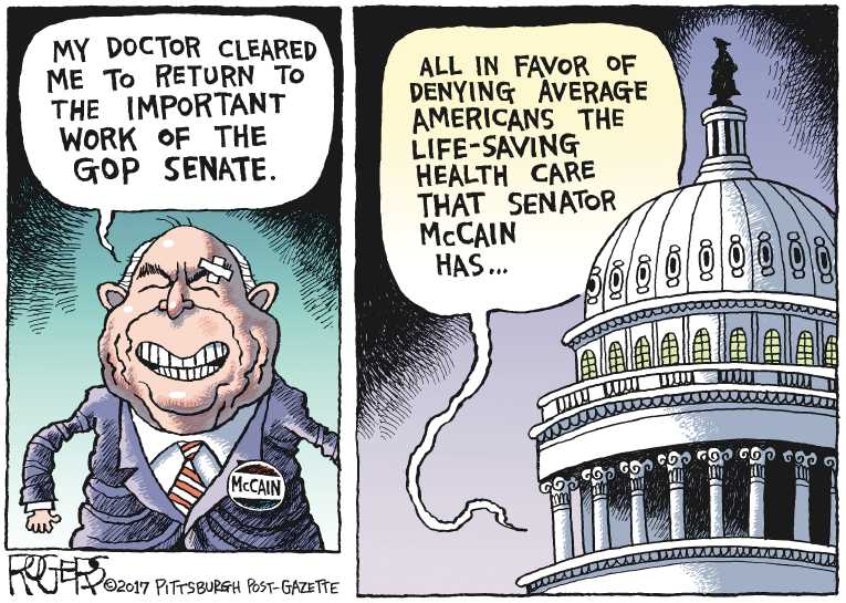Political/Editorial Cartoon by Rob Rogers, The Pittsburgh Post-Gazette on Skinny Bill Defeated