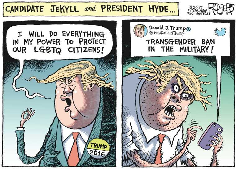 Political/Editorial Cartoon by Rob Rogers, The Pittsburgh Post-Gazette on Trump Tweet Bans Trans GIs