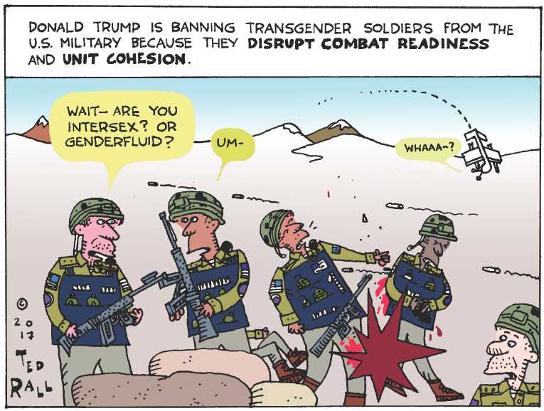 Political/Editorial Cartoon by Ted Rall on Trump Tweet Bans Trans GIs