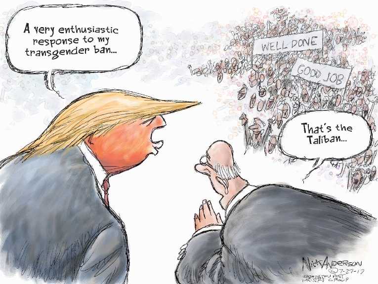 Political/Editorial Cartoon by Nick Anderson, Houston Chronicle on Trump Tweet Bans Trans GIs