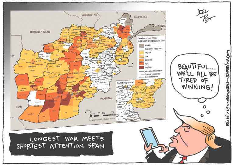 Political/Editorial Cartoon by Joel Pett, Lexington Herald-Leader, CWS/CartoonArts Intl. on Trump Declares More War