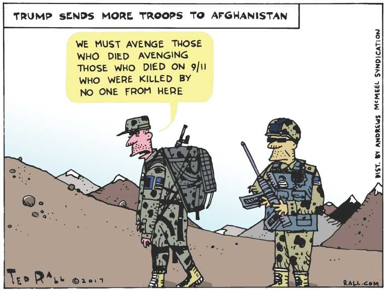 Political/Editorial Cartoon by Ted Rall on Trump Declares More War