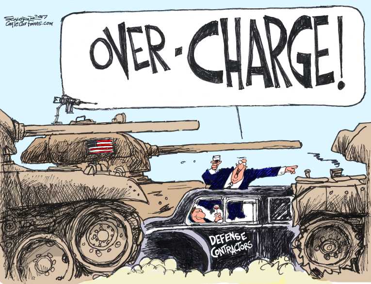 Political/Editorial Cartoon by Bill Schorr, Cagle Cartoons on Trump Declares More War