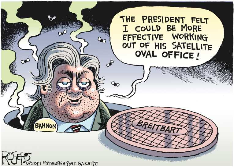 Political/Editorial Cartoon by Rob Rogers, The Pittsburgh Post-Gazette on Bannon Resigns