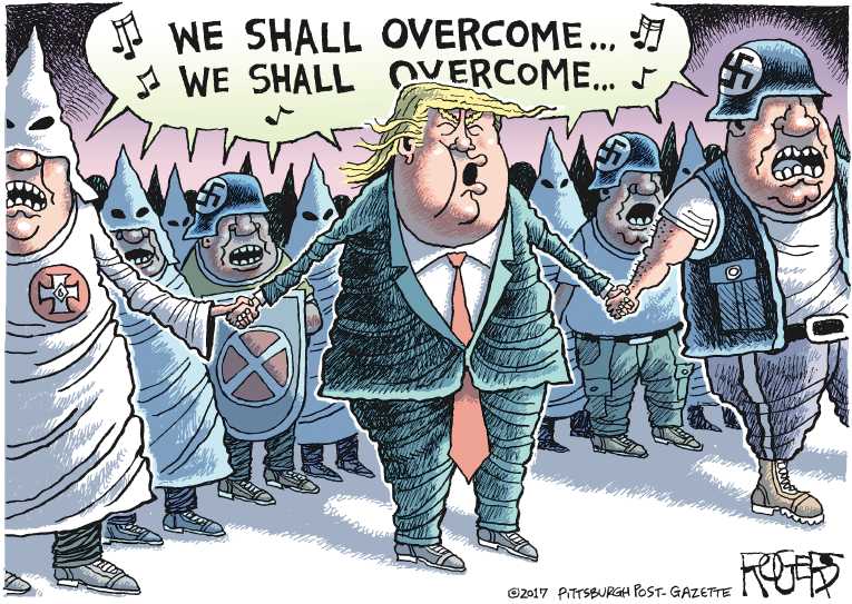 Political/Editorial Cartoon by Rob Rogers, The Pittsburgh Post-Gazette on Trump Defends Protest Comments
