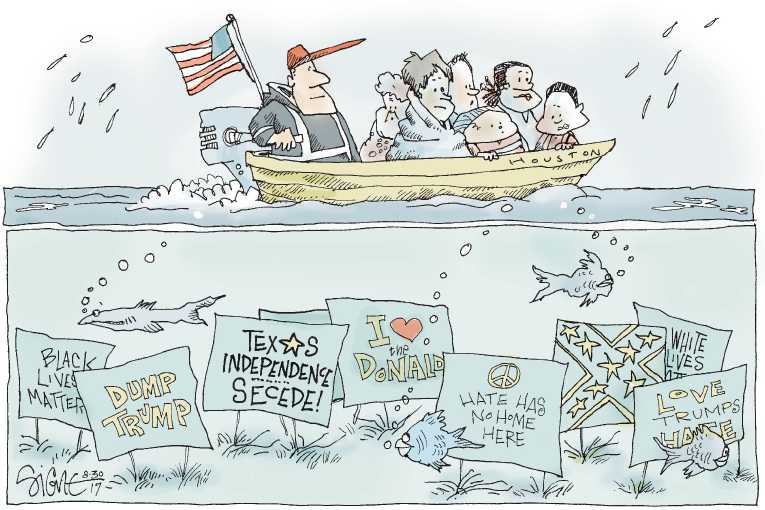 Political/Editorial Cartoon by Signe Wilkinson, Philadelphia Daily News on Epic Harvey Drowns Texas