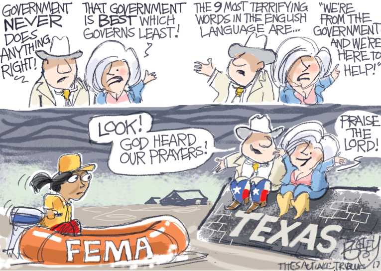 Political/Editorial Cartoon by Pat Bagley, Salt Lake Tribune on Epic Harvey Drowns Texas