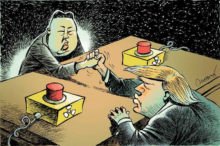 Political/Editorial Cartoon by Patrick Chappatte, International Herald Tribune on Trump, Kim Escalate Tensions