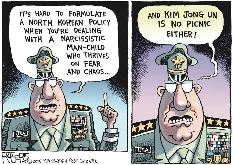 Political/Editorial Cartoon by Rob Rogers, The Pittsburgh Post-Gazette on Trump, Kim Escalate Tensions