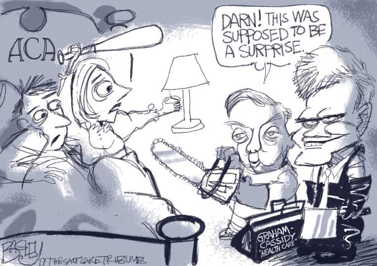 Political/Editorial Cartoon by Pat Bagley, Salt Lake Tribune on GOP Healthcare Bill Fails