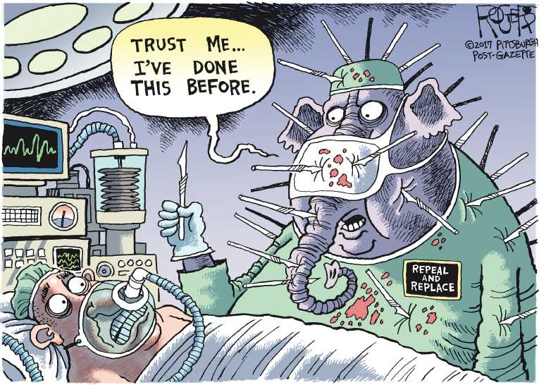 Political/Editorial Cartoon by Rob Rogers, The Pittsburgh Post-Gazette on GOP Healthcare Bill Fails