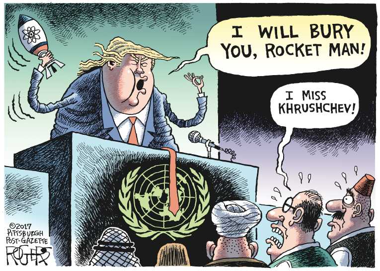 Political/Editorial Cartoon by Rob Rogers, The Pittsburgh Post-Gazette on War of Words Escalates