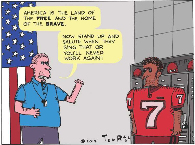 Political/Editorial Cartoon by Ted Rall on Anthem Protests Continue