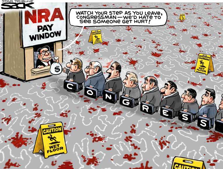 Political/Editorial Cartoon by Steve Sack, Minneapolis Star Tribune on Shooting Sparks Debate