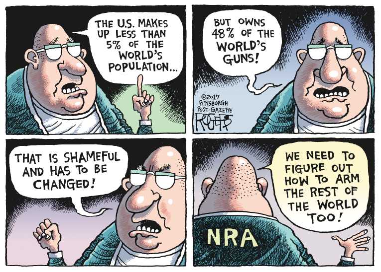 Political/Editorial Cartoon by Rob Rogers, The Pittsburgh Post-Gazette on Shooting Sparks Debate