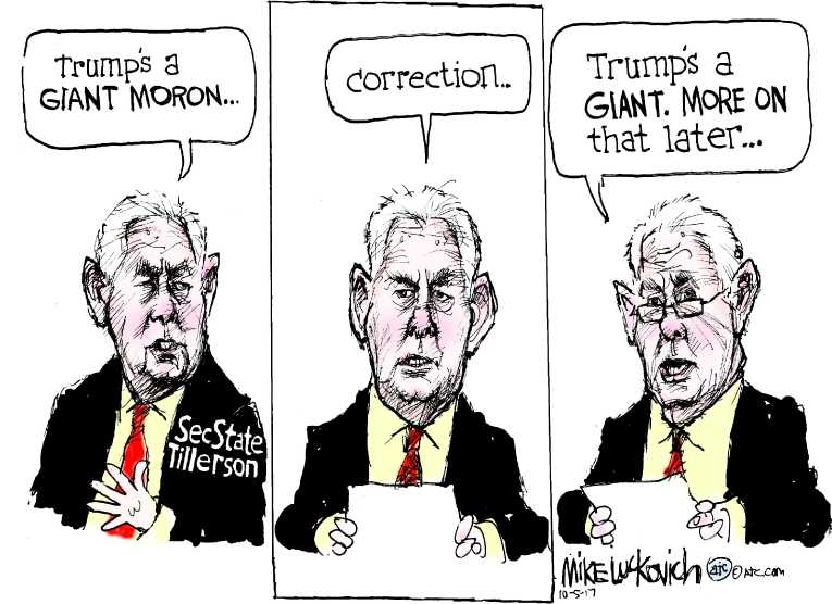 Political/Editorial Cartoon by Mike Luckovich, Atlanta Journal-Constitution on Tillerson Issues Non-Denial
