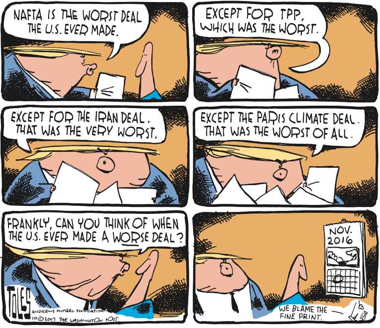 Political/Editorial Cartoon by Tom Toles, Washington Post on Trump Praises President